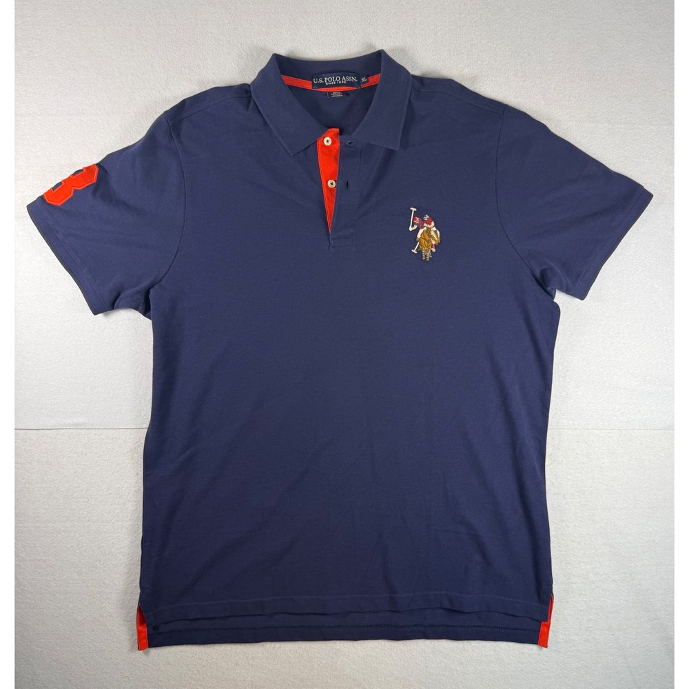 US Polo Assn Mens XL Navy Blue Orange Short Sleeve Pique Polo Shirt Number 3